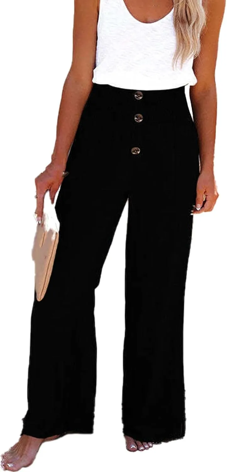 Linen Blend High Rise Smocked Pants,Women's Summer Solid High Waisted Loose Casual Elastic Waist Wide-Leg Trousers
