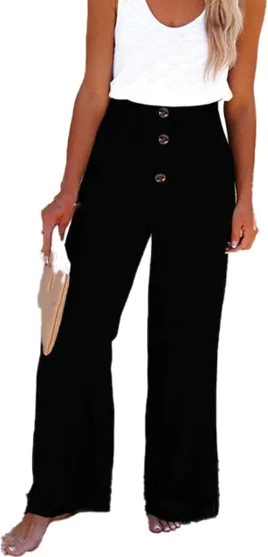 Linen Blend High Rise Smocked Pants,Women's Summer Solid High Waisted Loose Casual Elastic Waist Wide-Leg Trousers