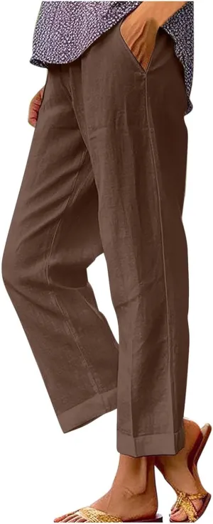 Linen Pants for Women 2025 Summer Elastic Waist Drawstring Casual Trousers Lightweight Straight Leg Lounge Pants