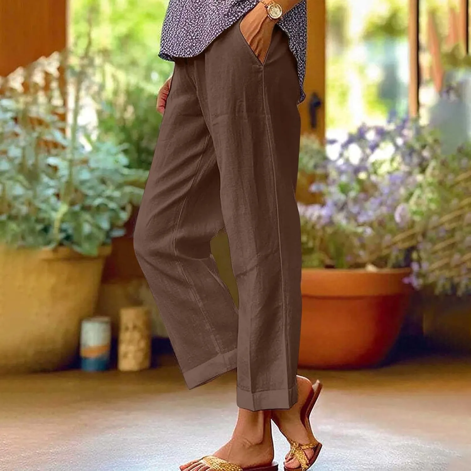 Linen Pants for Women 2025 Summer Elastic Waist Drawstring Casual Trousers Lightweight Straight Leg Lounge Pants