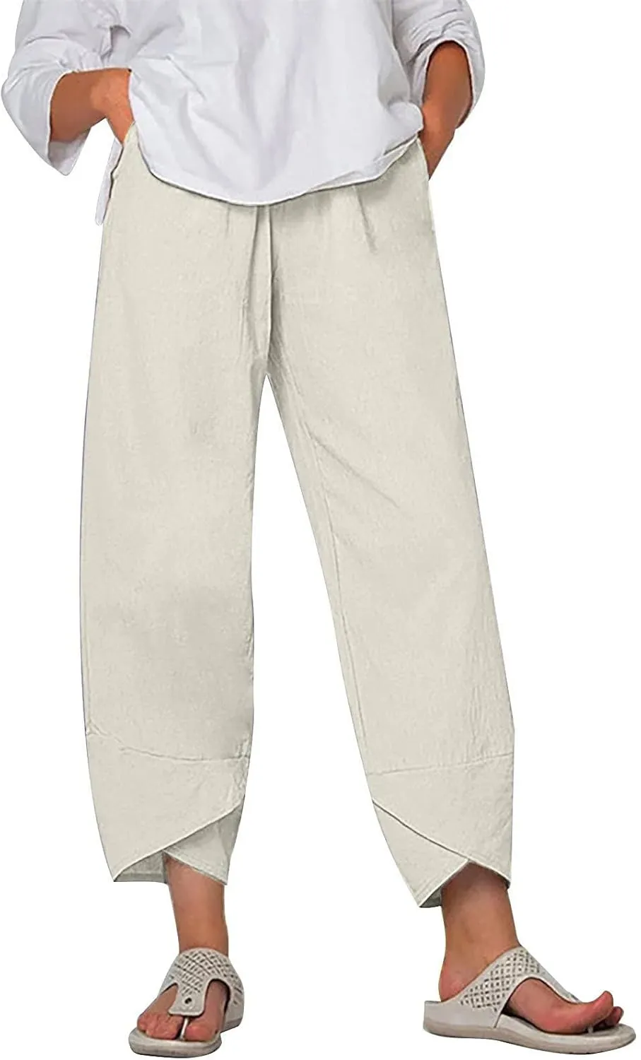 Linen Pants Women Summer Trendy Wide Leg Tulip Hem Trousers Casual Lightweight Elastic High Waist Beach Palazzo