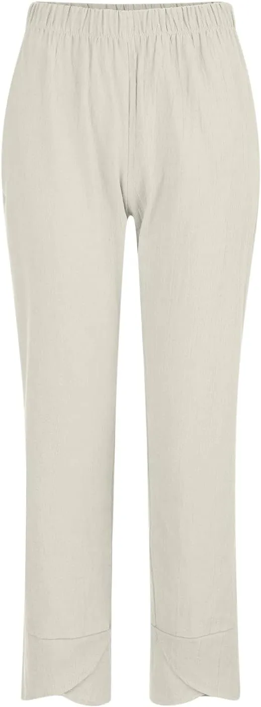 Linen Pants Women Summer Trendy Wide Leg Tulip Hem Trousers Casual Lightweight Elastic High Waist Beach Palazzo