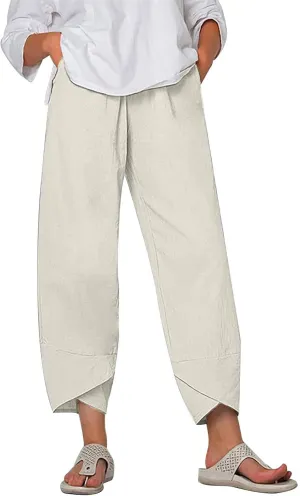Linen Pants Women Summer Trendy Wide Leg Tulip Hem Trousers Casual Lightweight Elastic High Waist Beach Palazzo