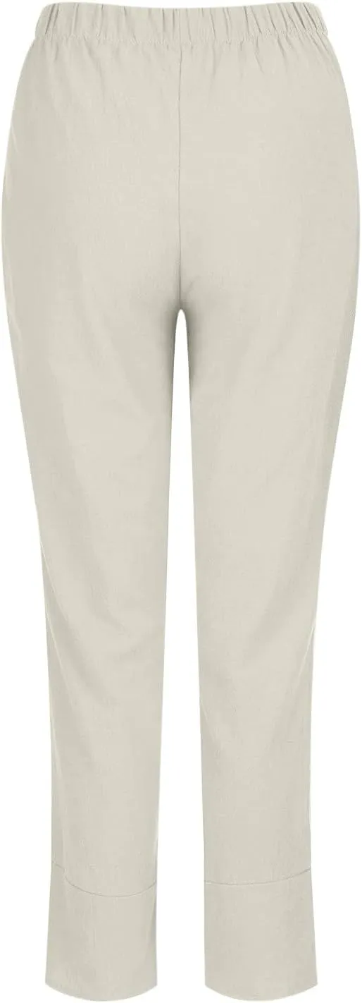 Linen Pants Women Summer Trendy Wide Leg Tulip Hem Trousers Casual Lightweight Elastic High Waist Beach Palazzo