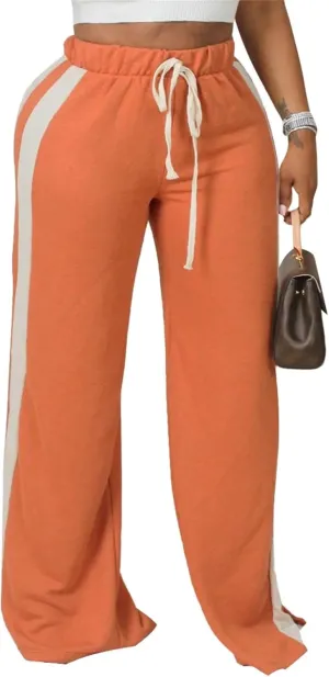 Lucuna Women's Wide Leg Sweatpants Striped High Waisted Drawstring Loose Straight Leg Lounge Baggy Pants