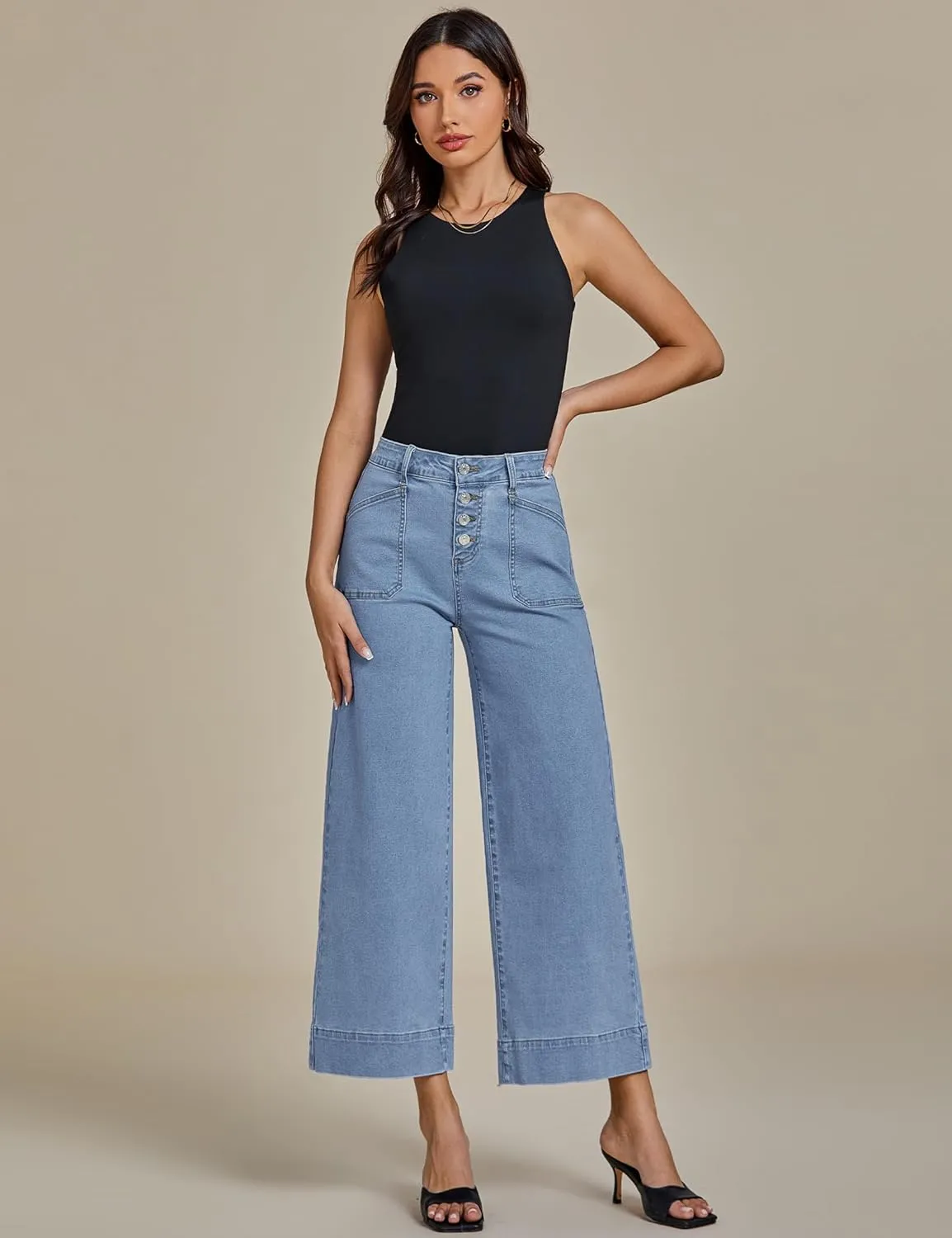 luvamia Wide Leg Jeans for Women Cropped High Waisted Trendy Button Fly Patch Pocket Stretchy Denim Pants Trousers Jeans
