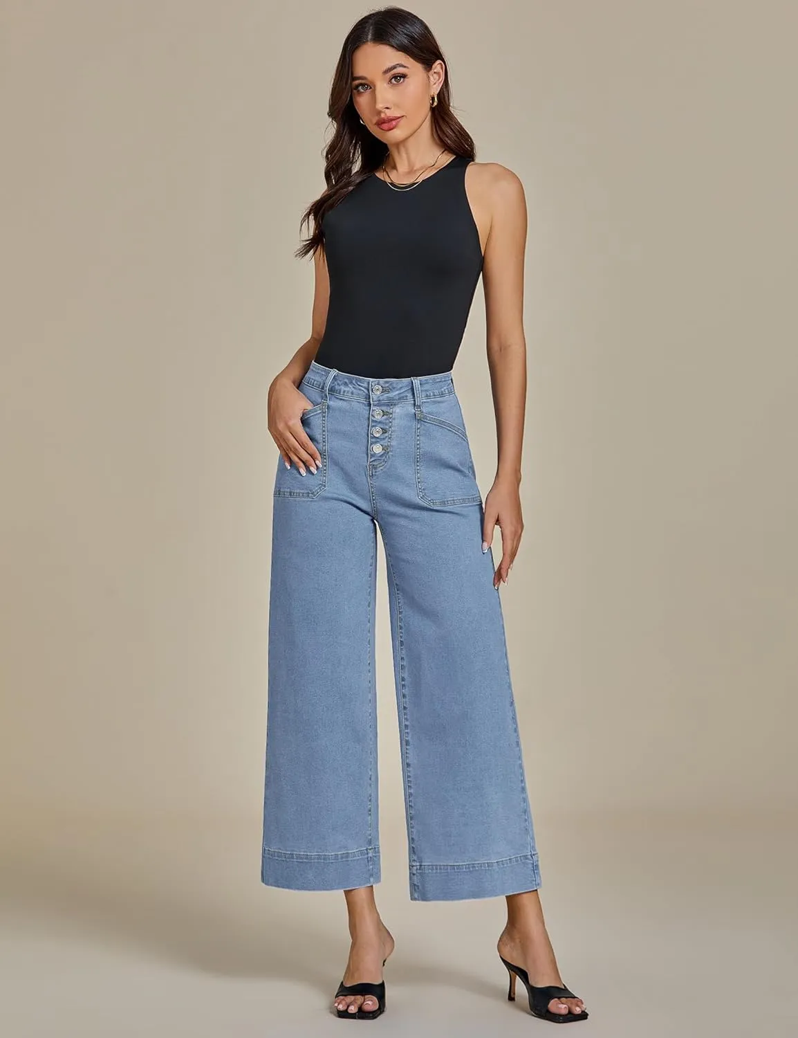 luvamia Wide Leg Jeans for Women Cropped High Waisted Trendy Button Fly Patch Pocket Stretchy Denim Pants Trousers Jeans