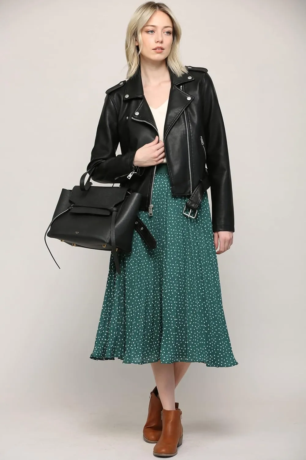 Made By Johnny Women's High Elastic Waist Pleated Mid A-Line Swing Skirt