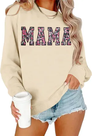 Mama Sweatshirt for Women: Embroidered Mama Essentials Crewneck Sweatshirt with Mom Graphic Long Sleeve
