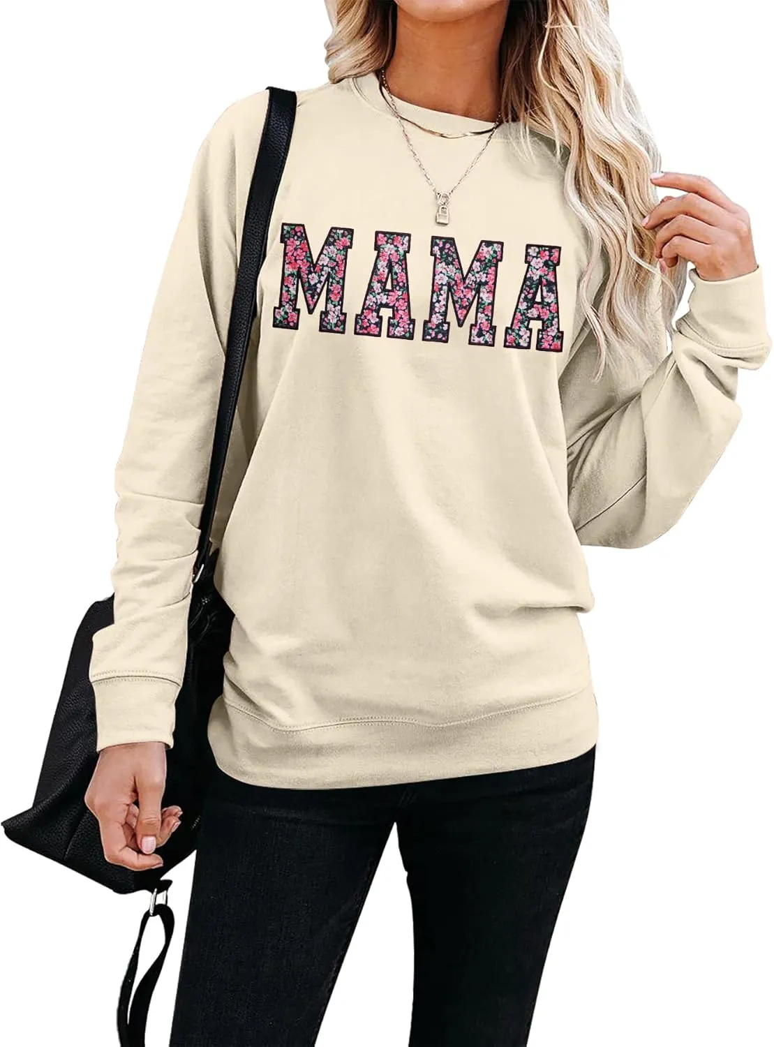 Mama Sweatshirt for Women: Embroidered Mama Essentials Crewneck Sweatshirt with Mom Graphic Long Sleeve