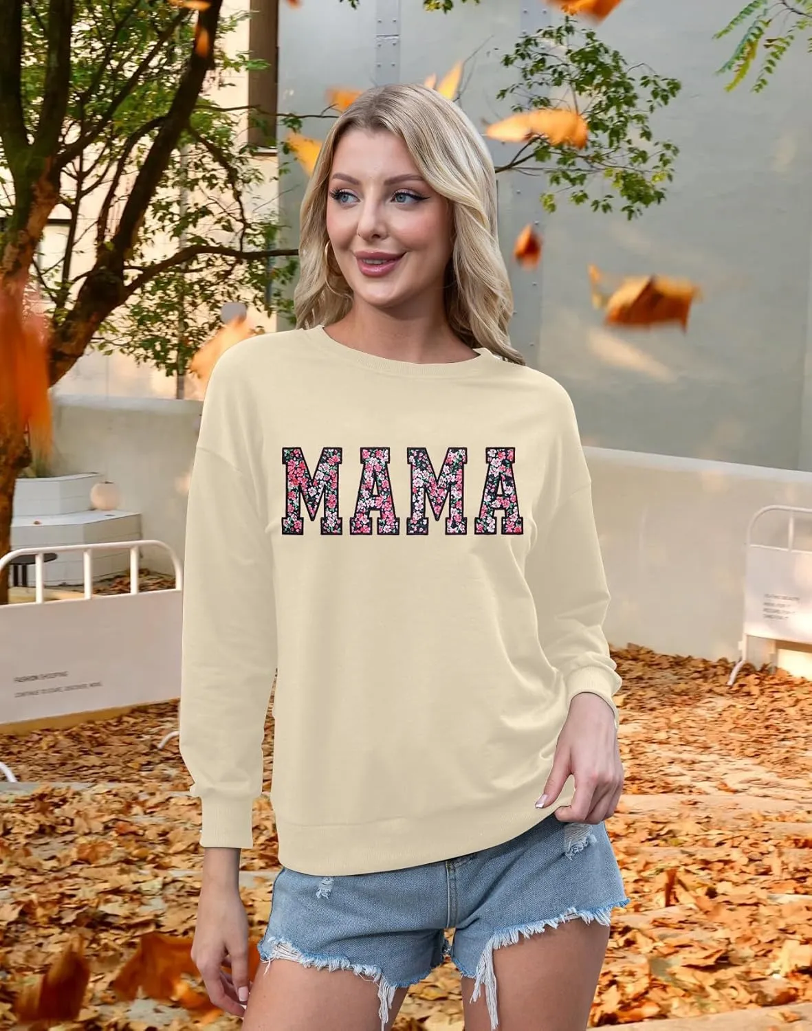 Mama Sweatshirt for Women: Embroidered Mama Essentials Crewneck Sweatshirt with Mom Graphic Long Sleeve