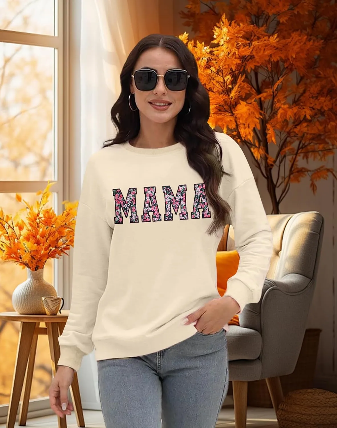 Mama Sweatshirt for Women: Embroidered Mama Essentials Crewneck Sweatshirt with Mom Graphic Long Sleeve
