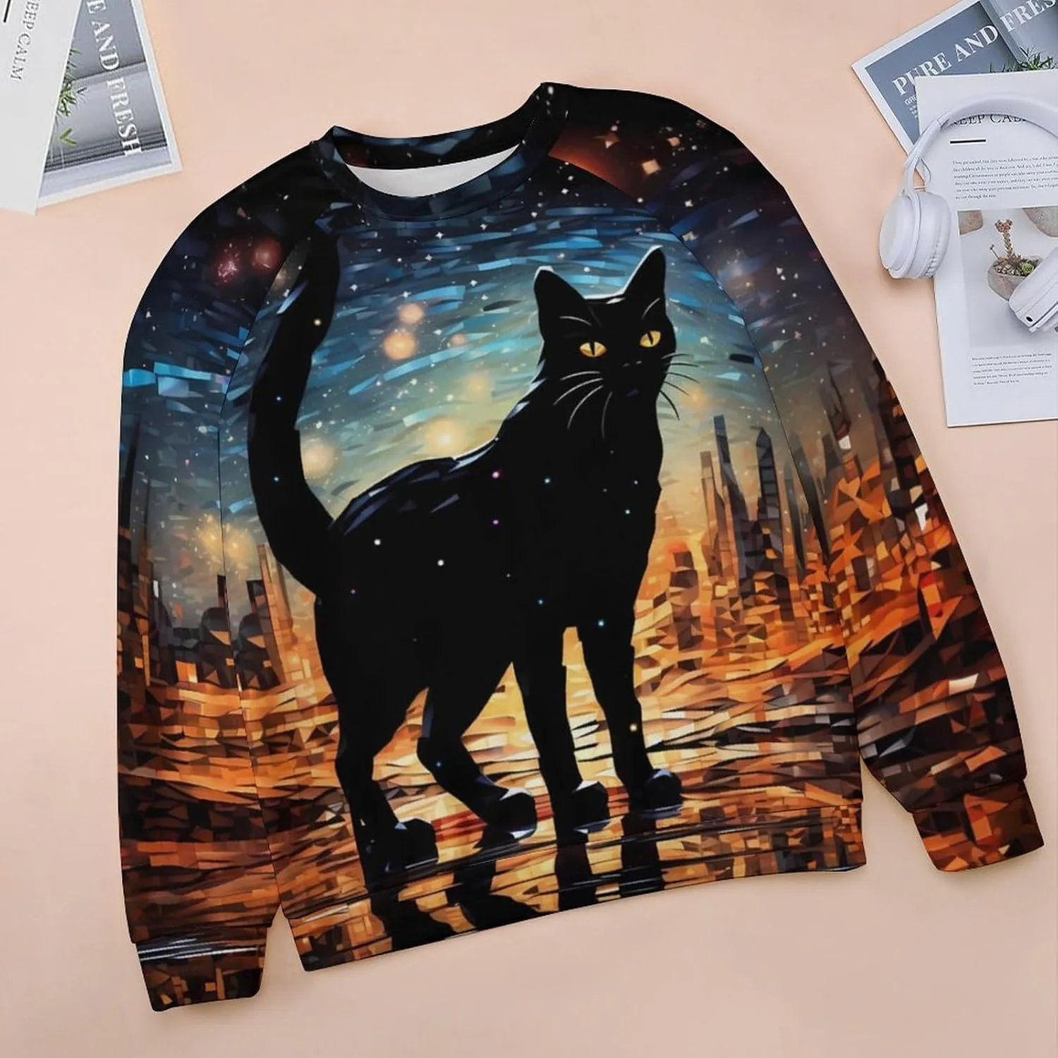 MARSVOVO Cat Sweatshirt for Women Casual Crew Neck Long Sleeve Pullover Tops Country Oil Painting Print Spring Sweatshirt