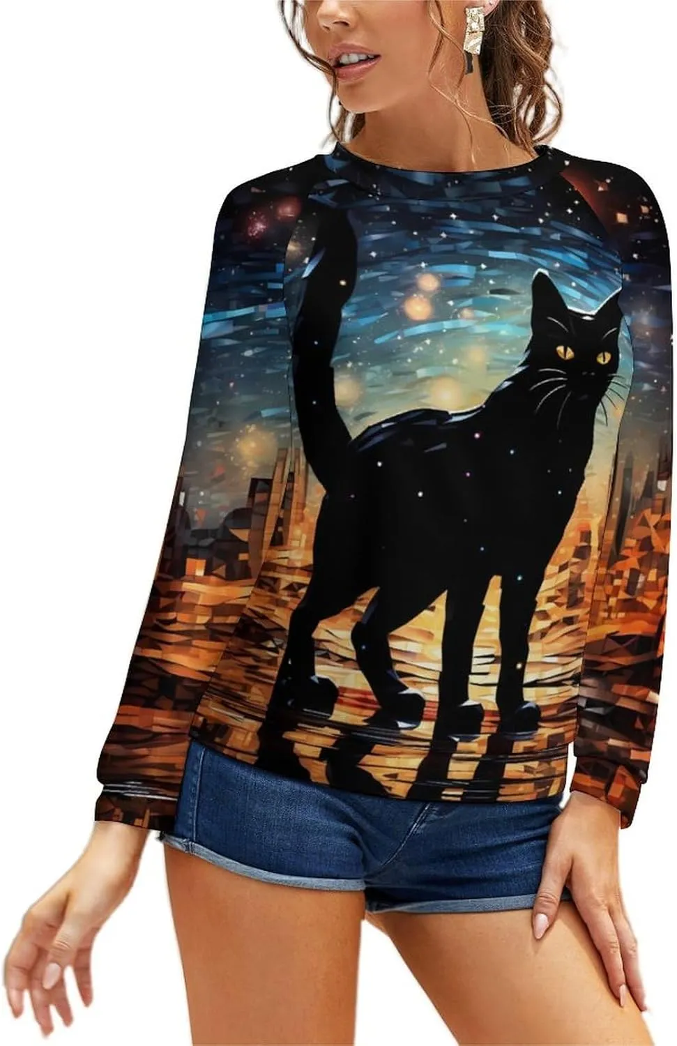 MARSVOVO Cat Sweatshirt for Women Casual Crew Neck Long Sleeve Pullover Tops Country Oil Painting Print Spring Sweatshirt