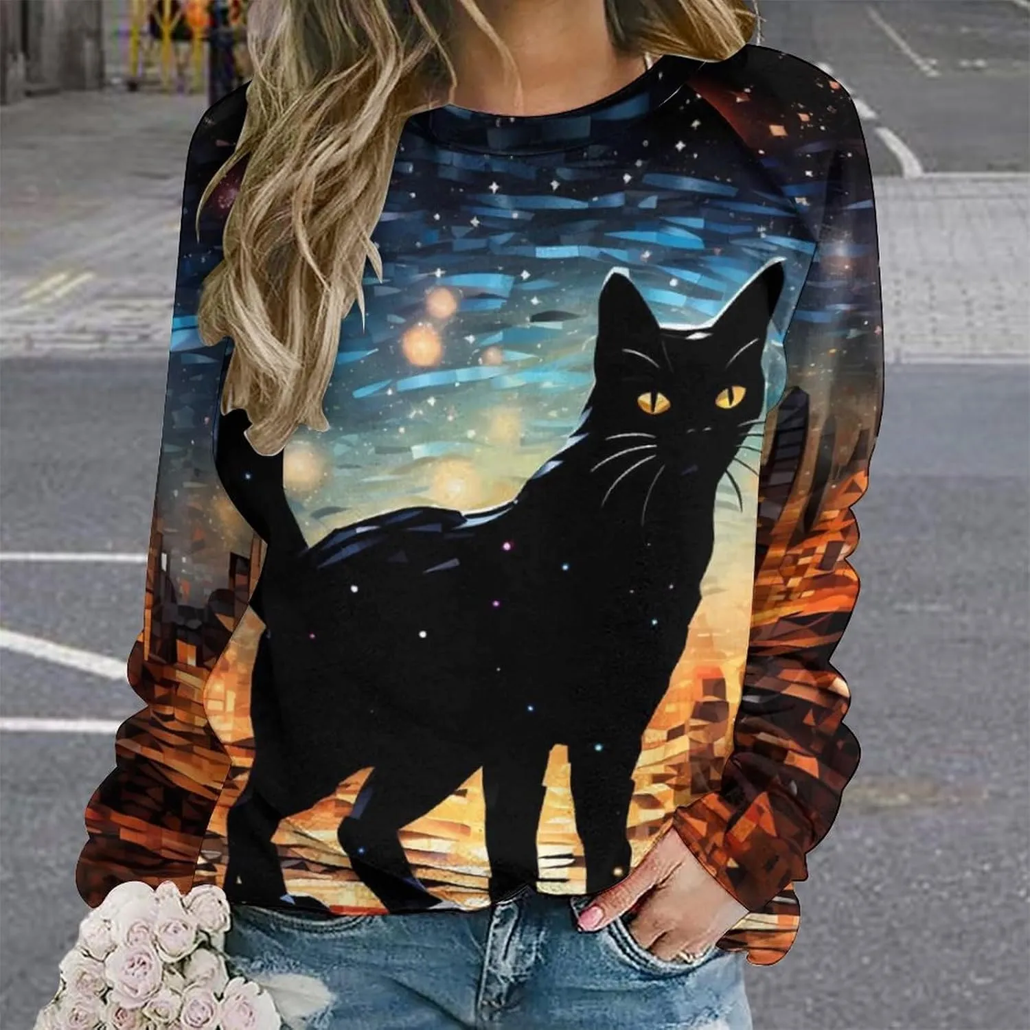 MARSVOVO Cat Sweatshirt for Women Casual Crew Neck Long Sleeve Pullover Tops Country Oil Painting Print Spring Sweatshirt