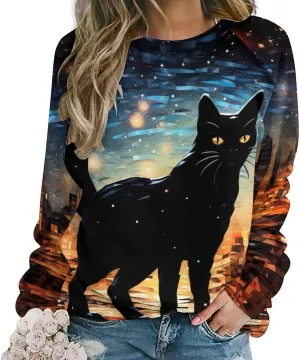 MARSVOVO Cat Sweatshirt for Women Casual Crew Neck Long Sleeve Pullover Tops Country Oil Painting Print Spring Sweatshirt