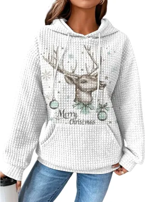 MARSVOVO Christmas Hoodies For Women Waffle Long Sleeve Sweatshirt Novelty Christmas Graphic Pullover Top With Pocket