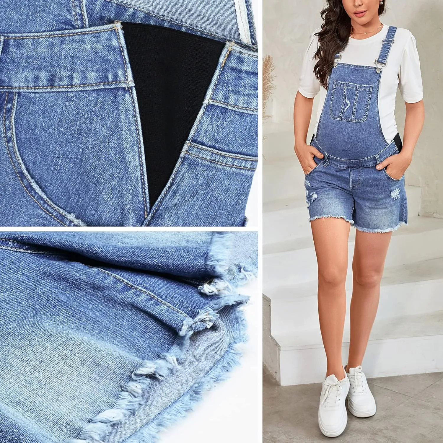 Maternity Overalls Shorts Ripped Hem Adjustable Straps Maternity Denim Bib Overall Shorts