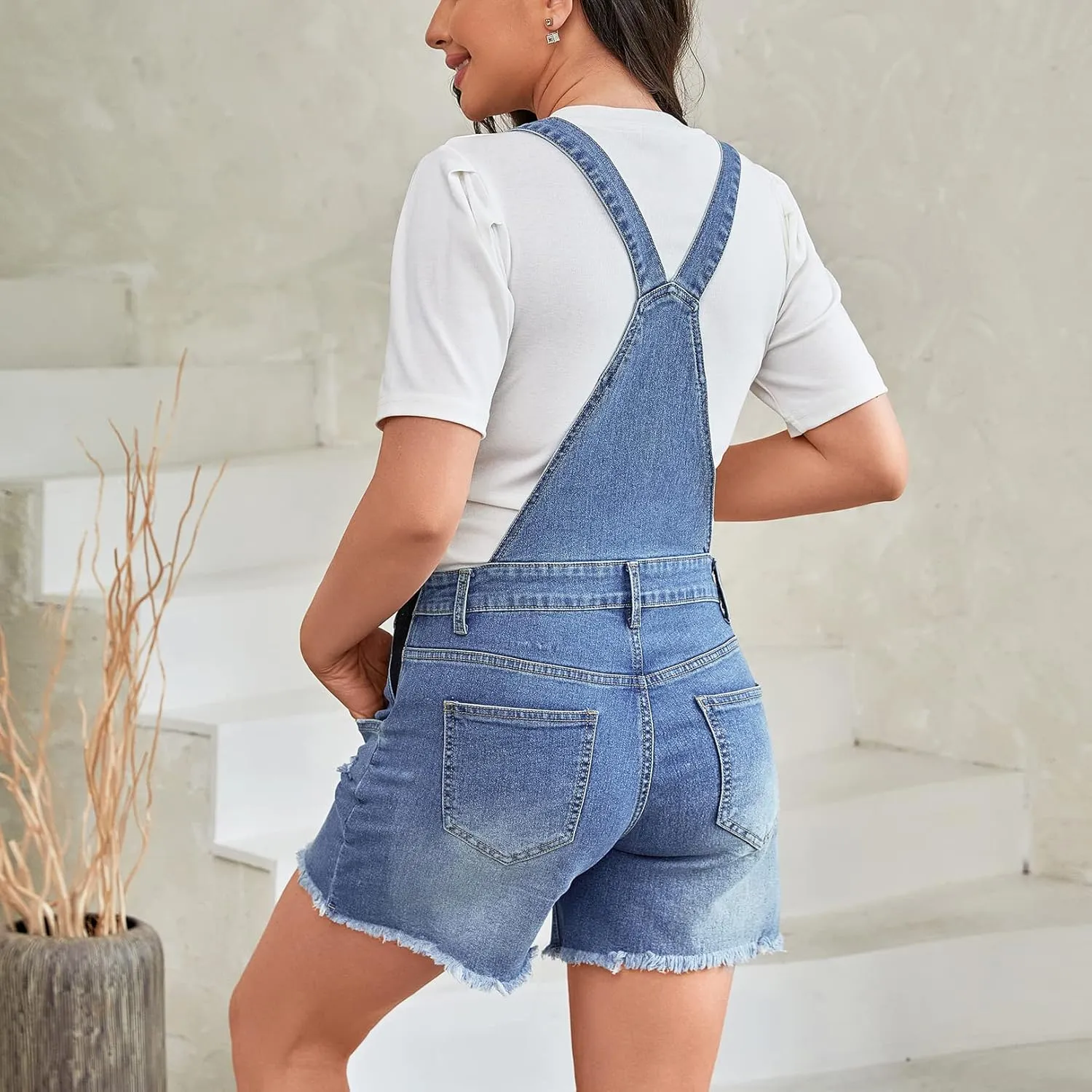 Maternity Overalls Shorts Ripped Hem Adjustable Straps Maternity Denim Bib Overall Shorts