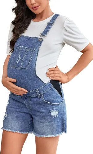 Maternity Overalls Shorts Ripped Hem Adjustable Straps Maternity Denim Bib Overall Shorts