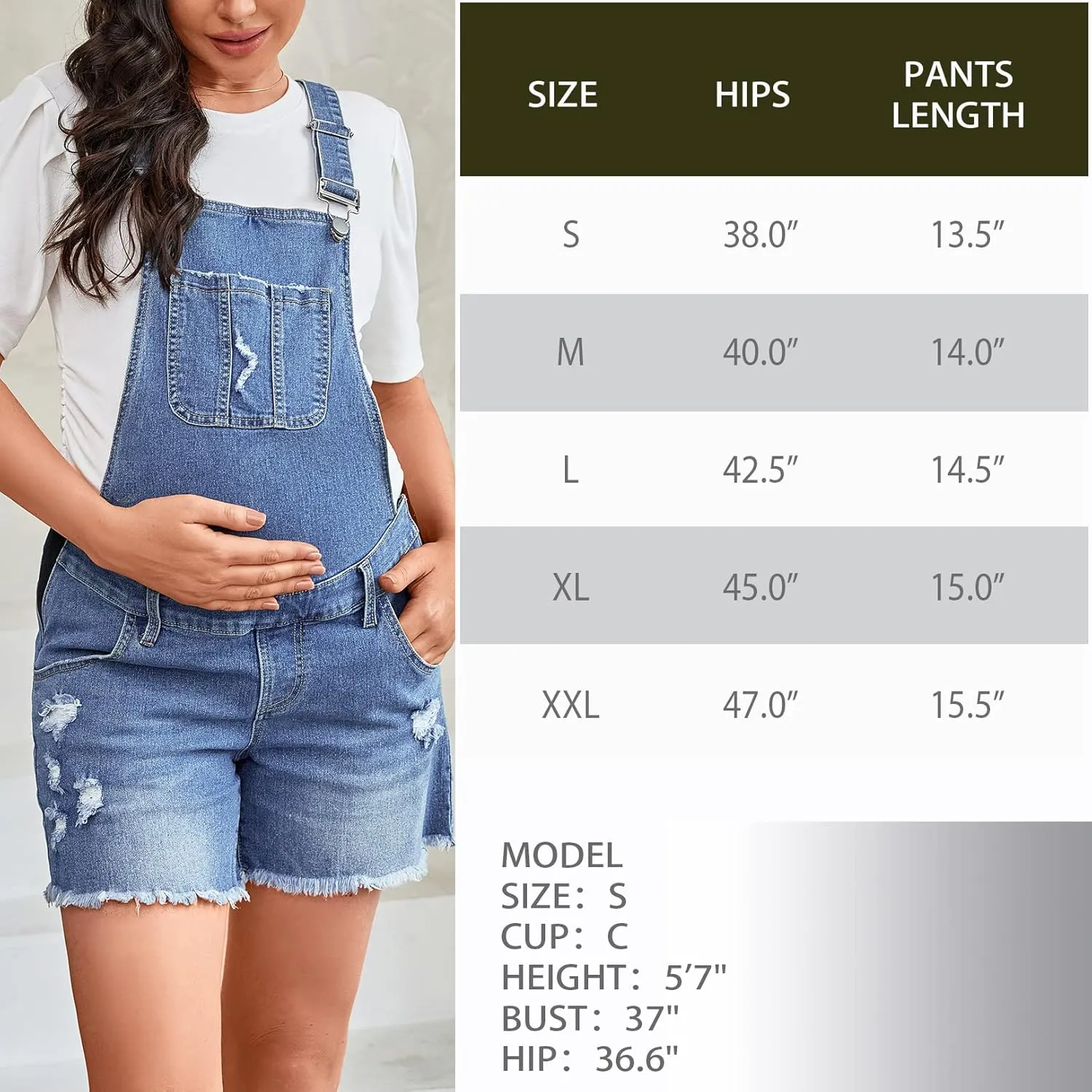 Maternity Overalls Shorts Ripped Hem Adjustable Straps Maternity Denim Bib Overall Shorts