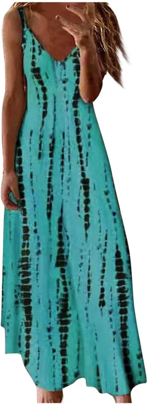 Maxi Dresses for Women,2024 Summer Trendy Floral Print Sling Sundress,Casual V Neck Flowy Ruched Boho Beach Dress