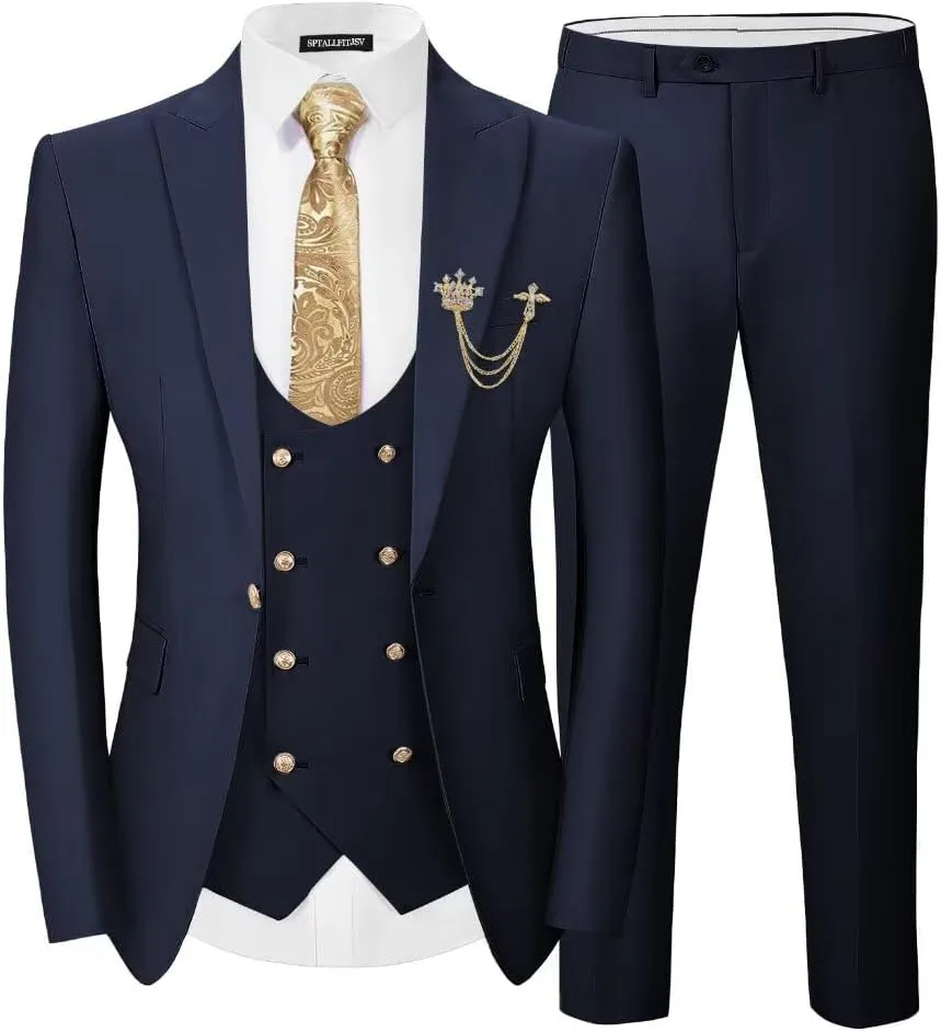 Men 3 Pieces Suits Slim Fit Wedding Prom Solid Blazer Double Breasted Vest and Pants Gold Button Tuxedo Set