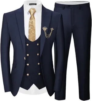 Men 3 Pieces Suits Slim Fit Wedding Prom Solid Blazer Double Breasted Vest and Pants Gold Button Tuxedo Set