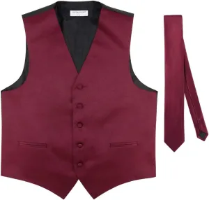 Men's Dress Vest & Skinny NeckTie Solid Burgundy Color 2.5" Neck Tie Set