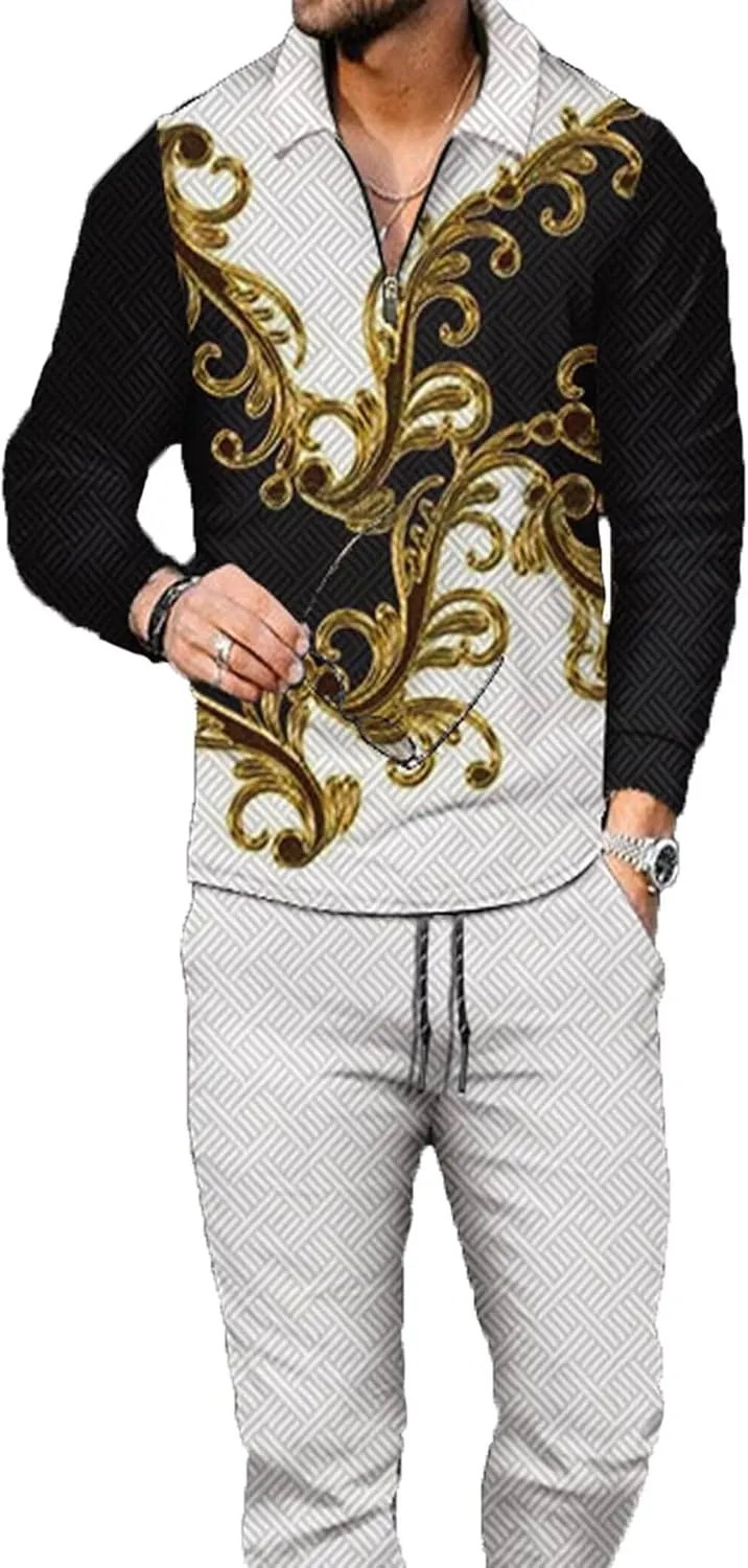 Men's Polo Track Suit Sets Long Sleeve Mens Outfits 2 Piece Fashion Sweatsuit Comfy Casual Set for Men