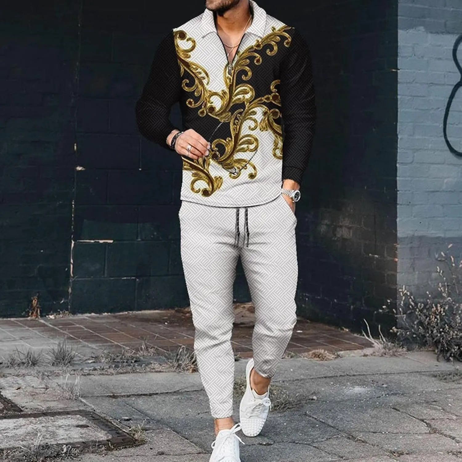 Men's Polo Track Suit Sets Long Sleeve Mens Outfits 2 Piece Fashion Sweatsuit Comfy Casual Set for Men