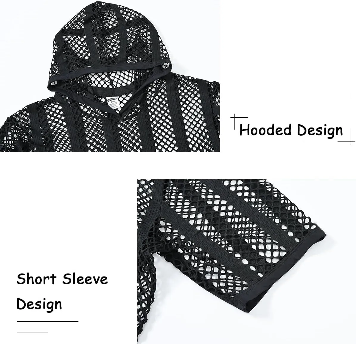 Men's Sexy See Through Fishnet Hoodies Short Sleeve T-Shirt Sheer Mesh Pullover