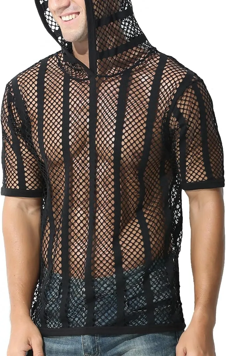 Men's Sexy See Through Fishnet Hoodies Short Sleeve T-Shirt Sheer Mesh Pullover
