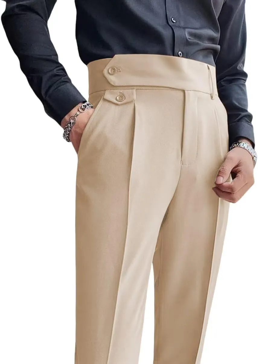 Men's Slim Dress Pants Pleat-Front Summer Casual Trouser High Waist Business Suit Pants Long for Men