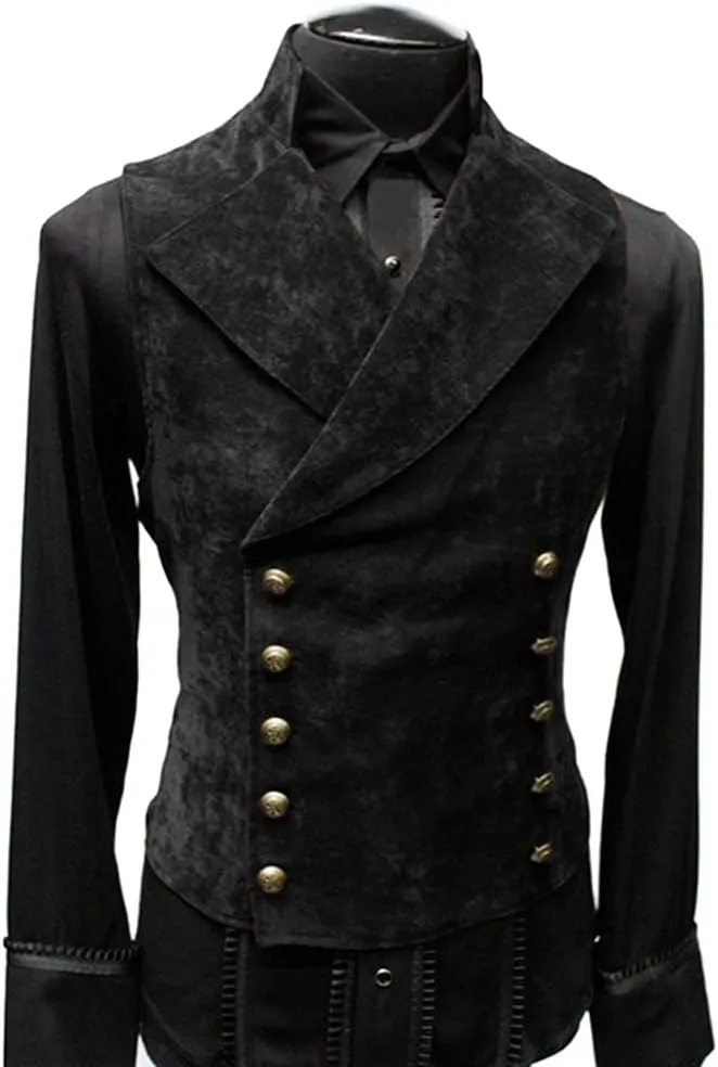 Men's Vintage Faux Suede Double Breasted Vest Slim Fit Steampunk Waistcoat Gentleman Tuxedo Prom Party Formal Suit