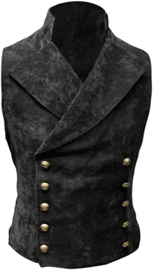 Men's Vintage Faux Suede Double Breasted Vest Slim Fit Steampunk Waistcoat Gentleman Tuxedo Prom Party Formal Suit