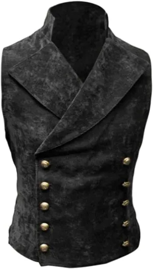 Men's Vintage Faux Suede Double Breasted Vest Slim Fit Steampunk Waistcoat Gentleman Tuxedo Prom Party Formal Suit