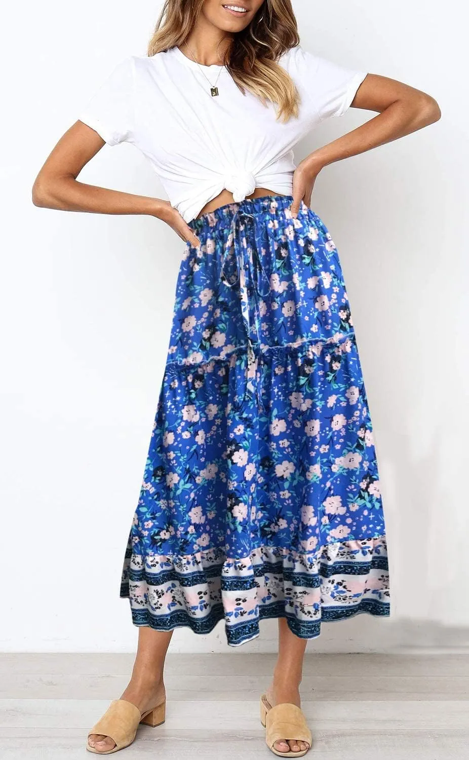 MEROKEETY Women's Boho Floral Print Elastic High Waist Pleated A Line Maxi Skirt