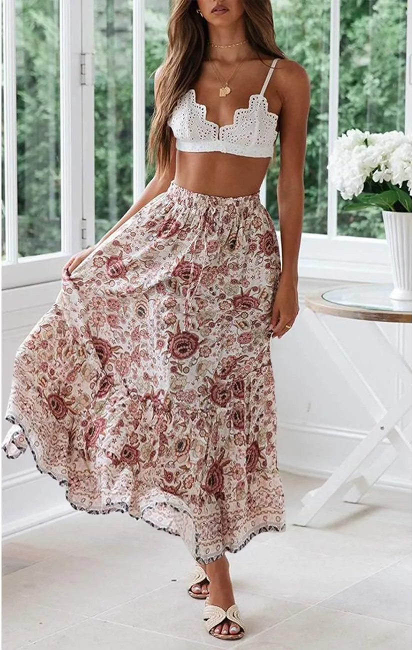 MEROKEETY Women's Boho Floral Print Elastic High Waist Pleated A Line Maxi Skirt