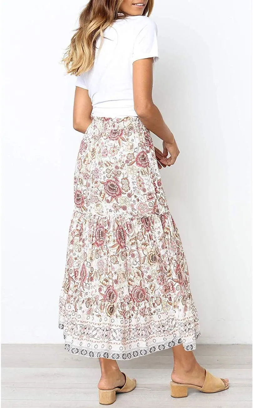 MEROKEETY Women's Boho Floral Print Elastic High Waist Pleated A Line Maxi Skirt