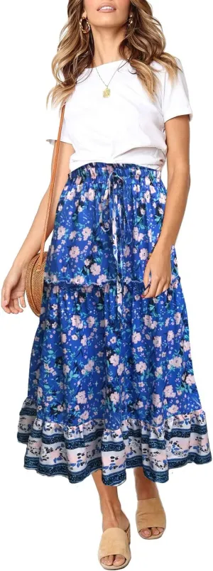 MEROKEETY Women's Boho Floral Print Elastic High Waist Pleated A Line Maxi Skirt