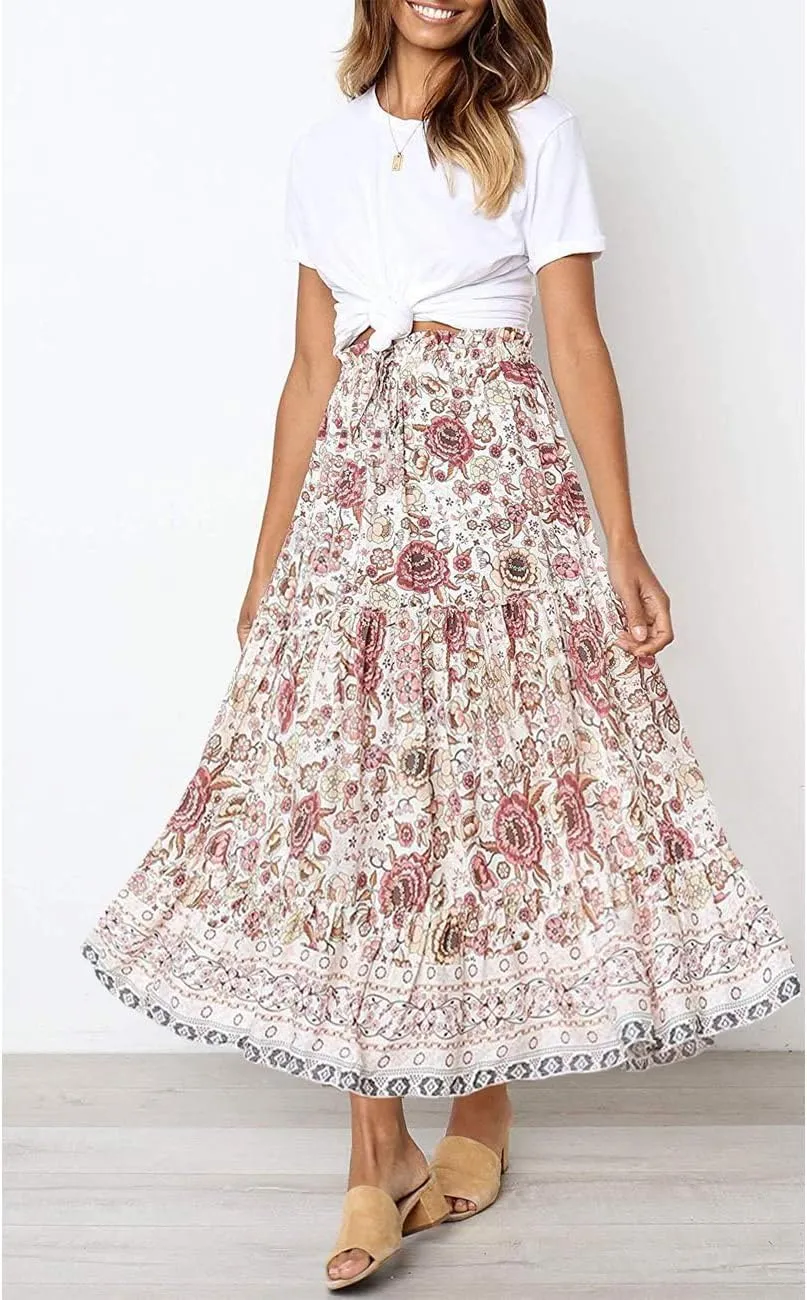 MEROKEETY Women's Boho Floral Print Elastic High Waist Pleated A Line Maxi Skirt