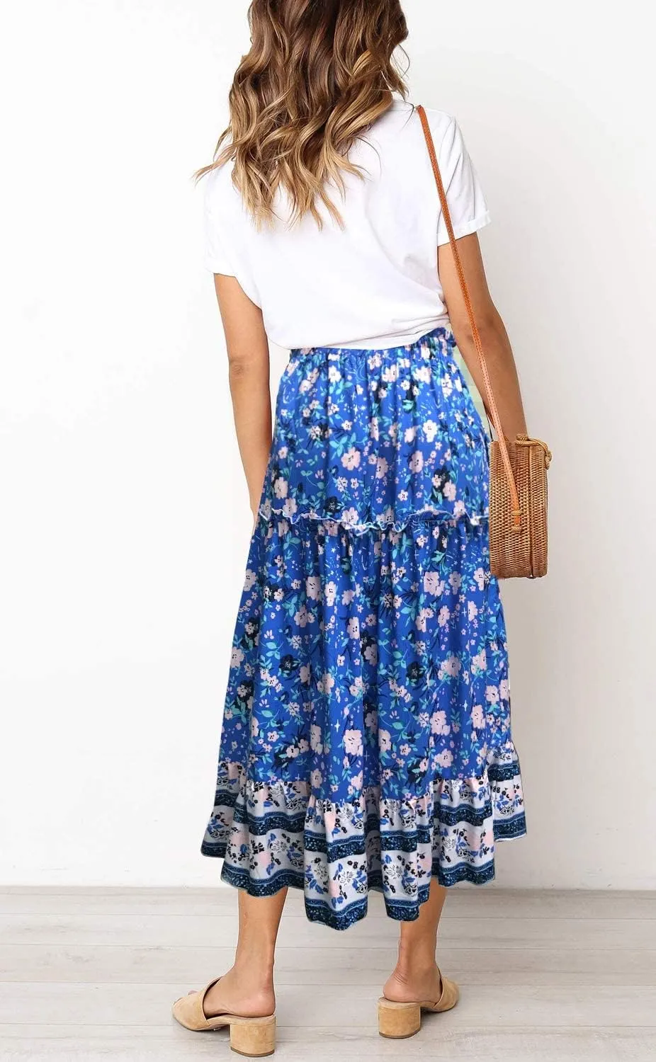 MEROKEETY Women's Boho Floral Print Elastic High Waist Pleated A Line Maxi Skirt