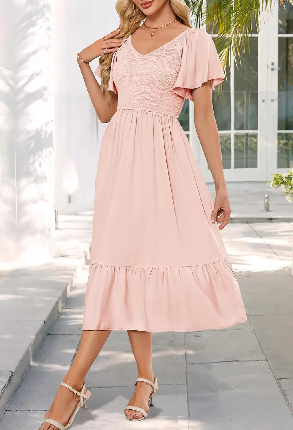 MEROKEETY Women's Summer Casual V Neck Ruffle Sleeve Smocked High Waist Midi Dress with Pockets