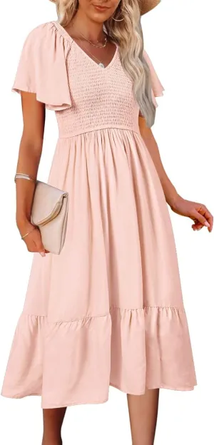 MEROKEETY Women's Summer Casual V Neck Ruffle Sleeve Smocked High Waist Midi Dress with Pockets