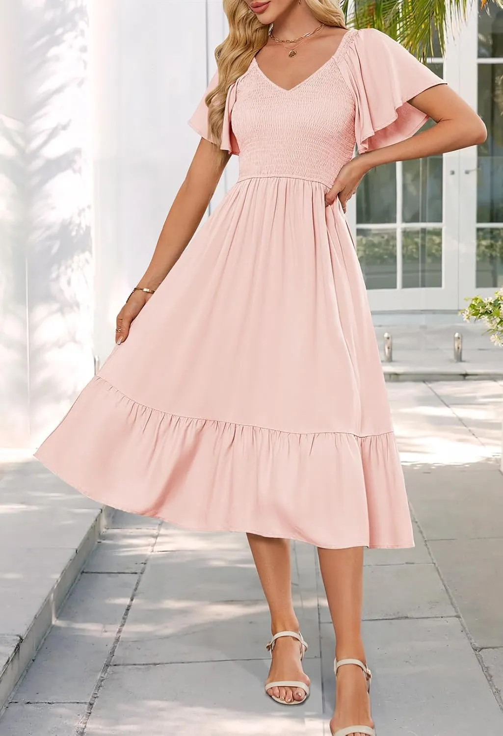MEROKEETY Women's Summer Casual V Neck Ruffle Sleeve Smocked High Waist Midi Dress with Pockets