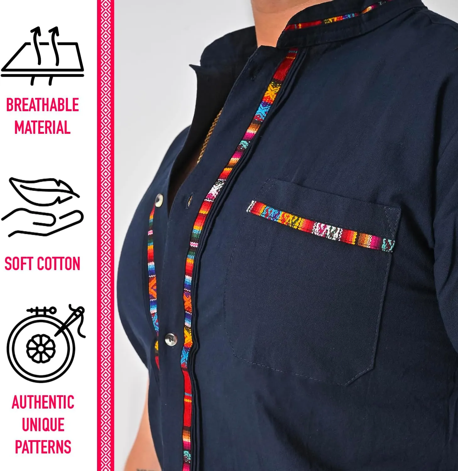 Mexican Guayabera Short Sleeve Shirt for Men Traditional Style Colorful Embroidery Mexican Shirt. Made in Mexico. 100% Cotton