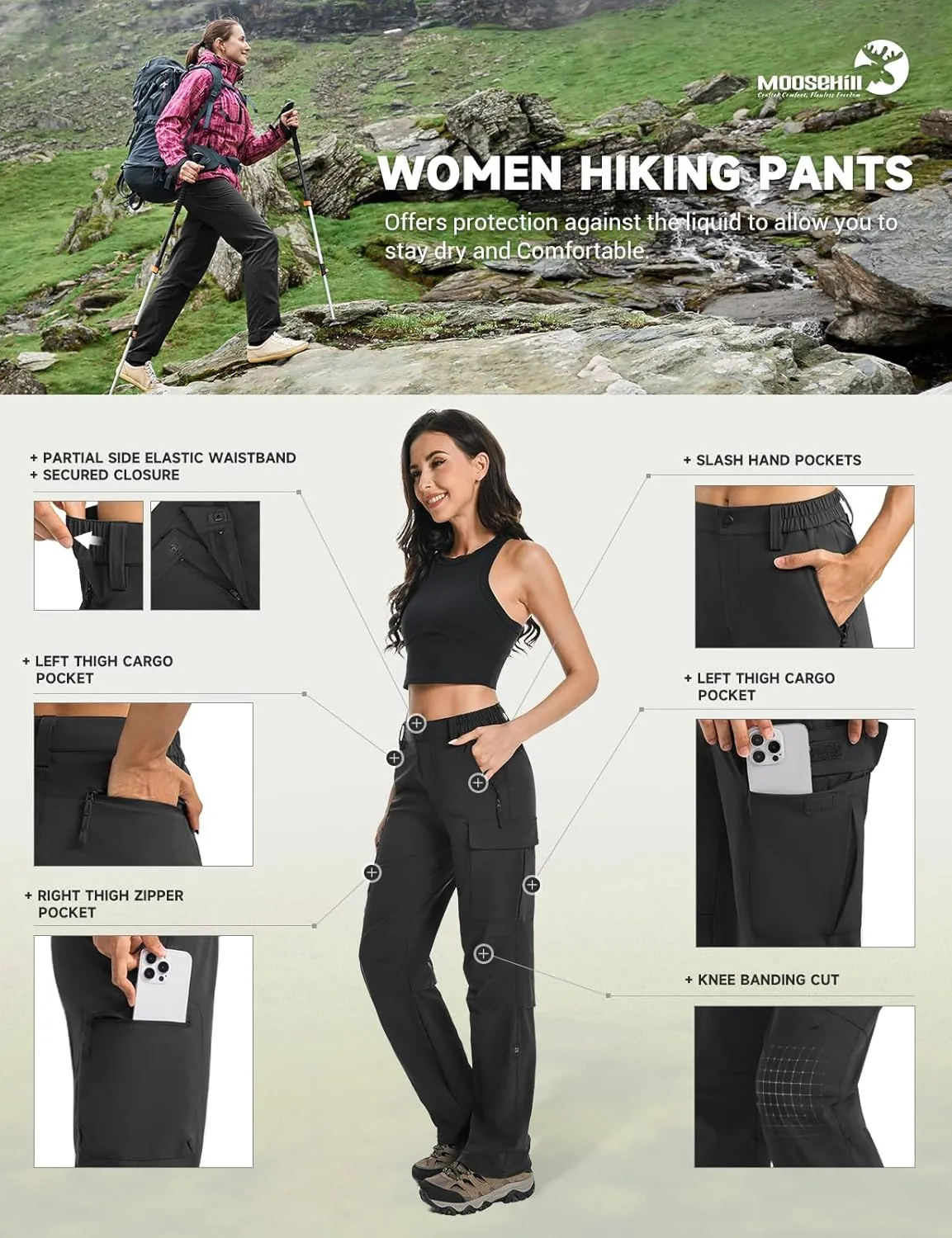 Moosehill Women's Hiking Pants Lightweight Quick Dry Water Resistant Cargo Travel Work Summer Pants for All Seasons