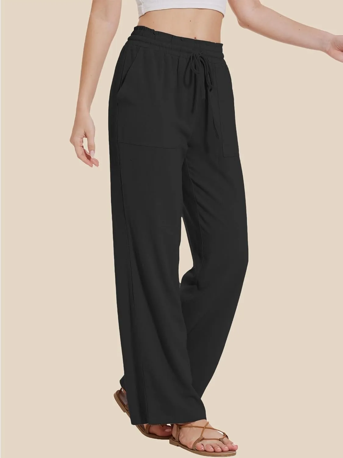 Moss Rose Women's Linen Pants Drawstring High Waisted Flowy Wide Leg Palazzo Trousers with Pockets