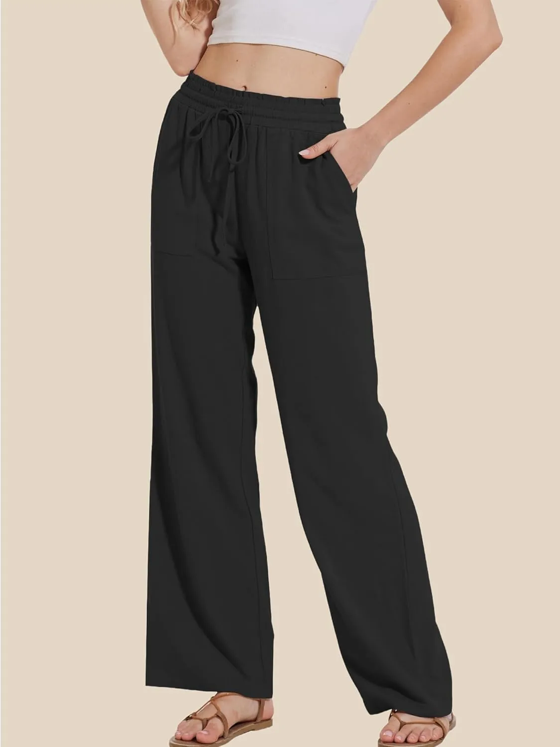 Moss Rose Women's Linen Pants Drawstring High Waisted Flowy Wide Leg Palazzo Trousers with Pockets